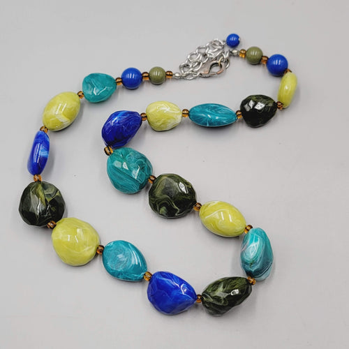 Chunky Bead Necklace Blue Green Acrylic Fun Funky 20"-22"