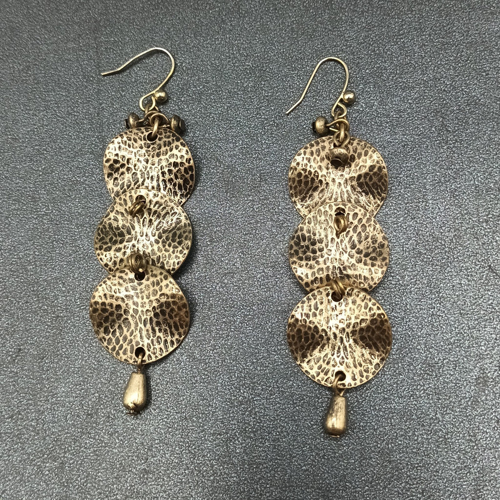 Pierced Earrings Antiqued Hammered Gold tone Wavy Circles Statement Drop 2 3/8"