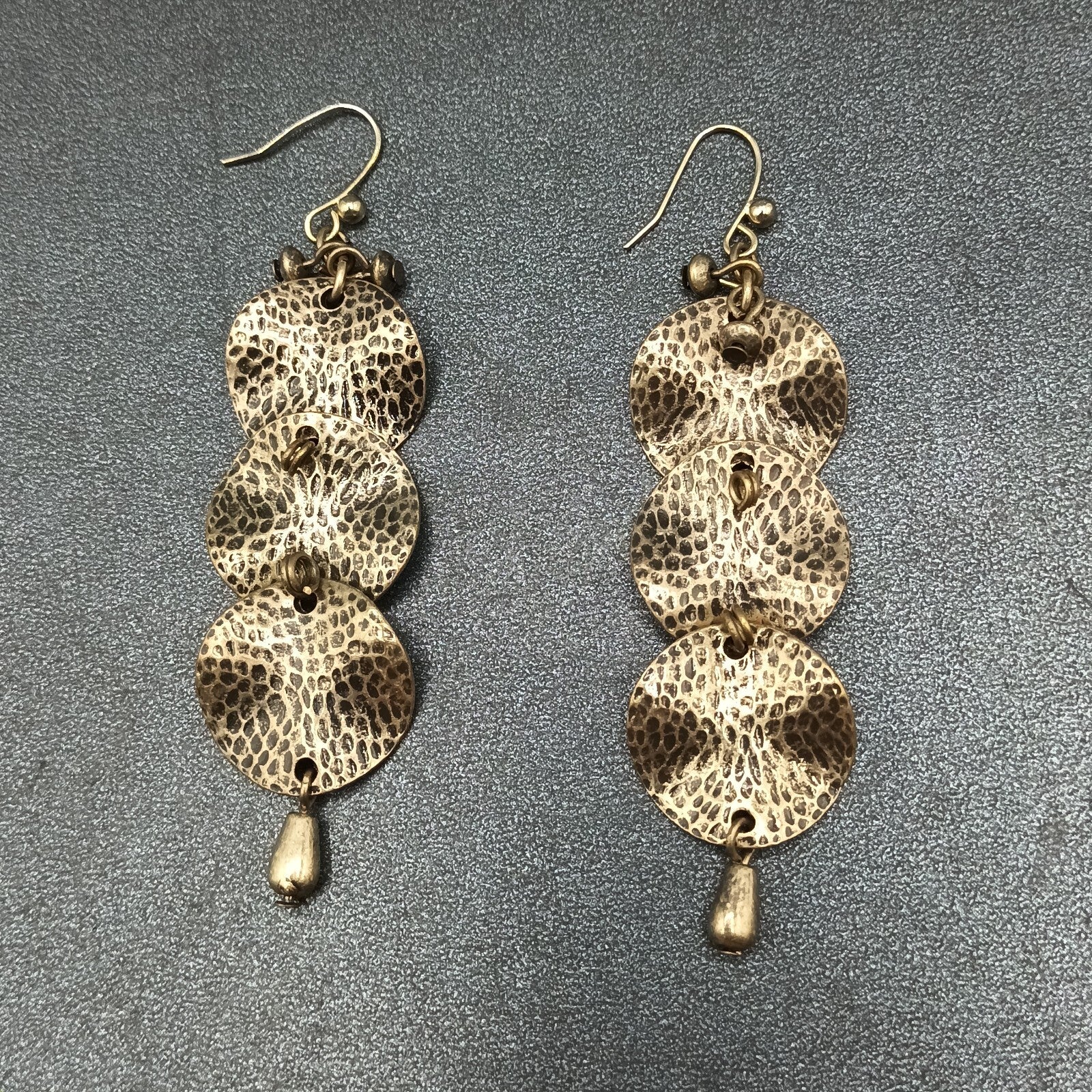 Pierced Earrings Antiqued Hammered Gold tone Wavy Circles Statement Drop 2 3/8"