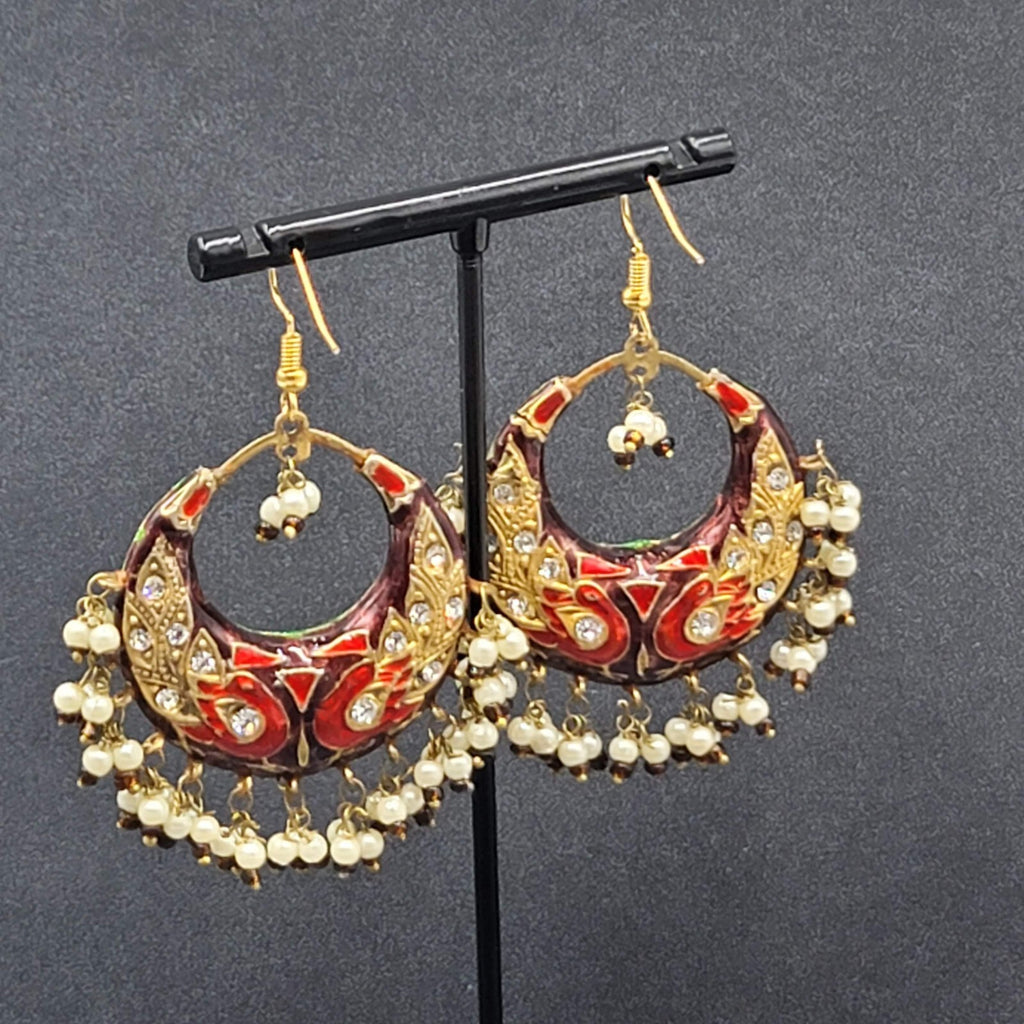 Pierced Earrings Ethnic Gold tone Red Green Beaded 1.75"