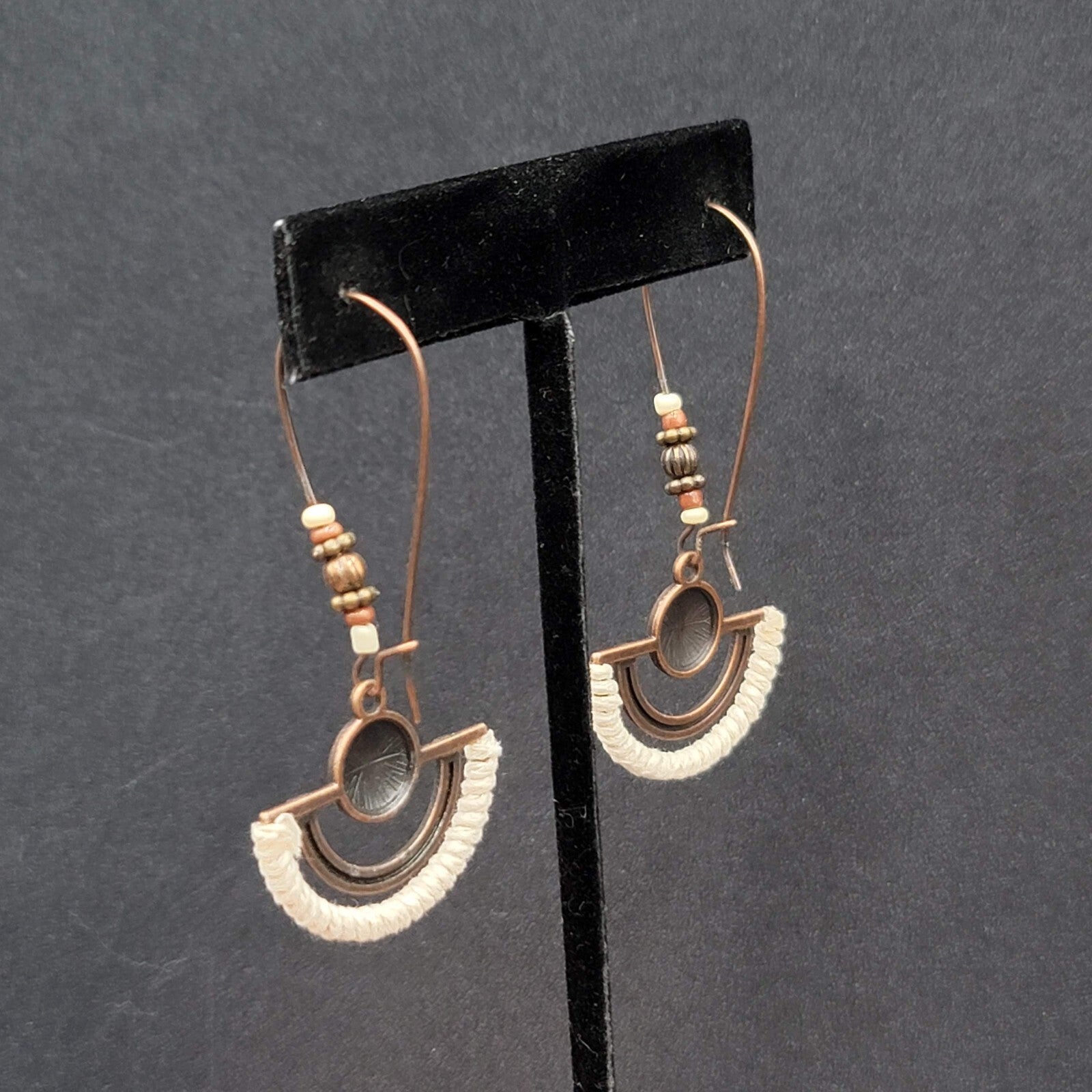 New Boho Pierced Earrings Copper tone Beaded White Dangle Large Hook 2.25"