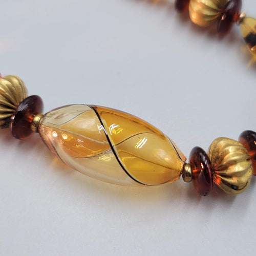Brown Glass Bead Necklace Brass Bead 28"
