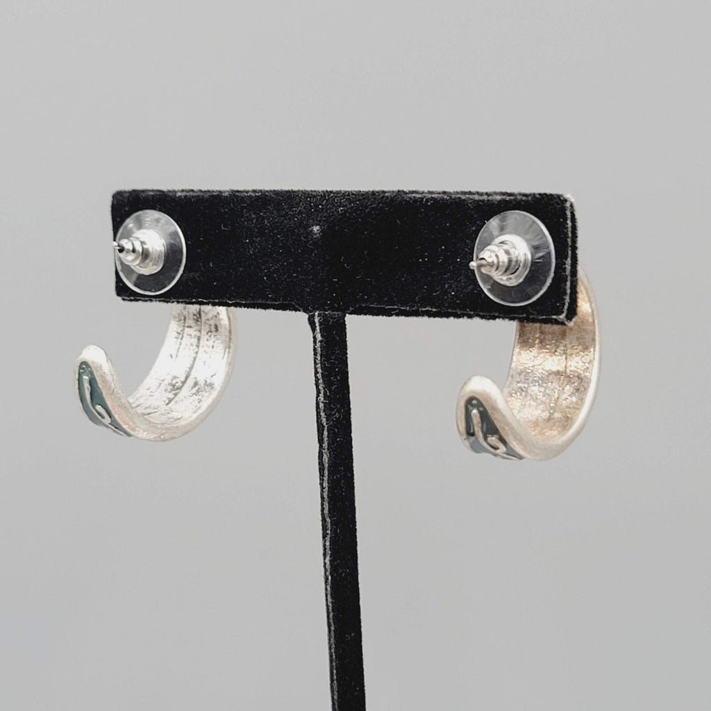 Vintage Silver tone Blue Enamel Hoops Pierced Earrings 7/8"