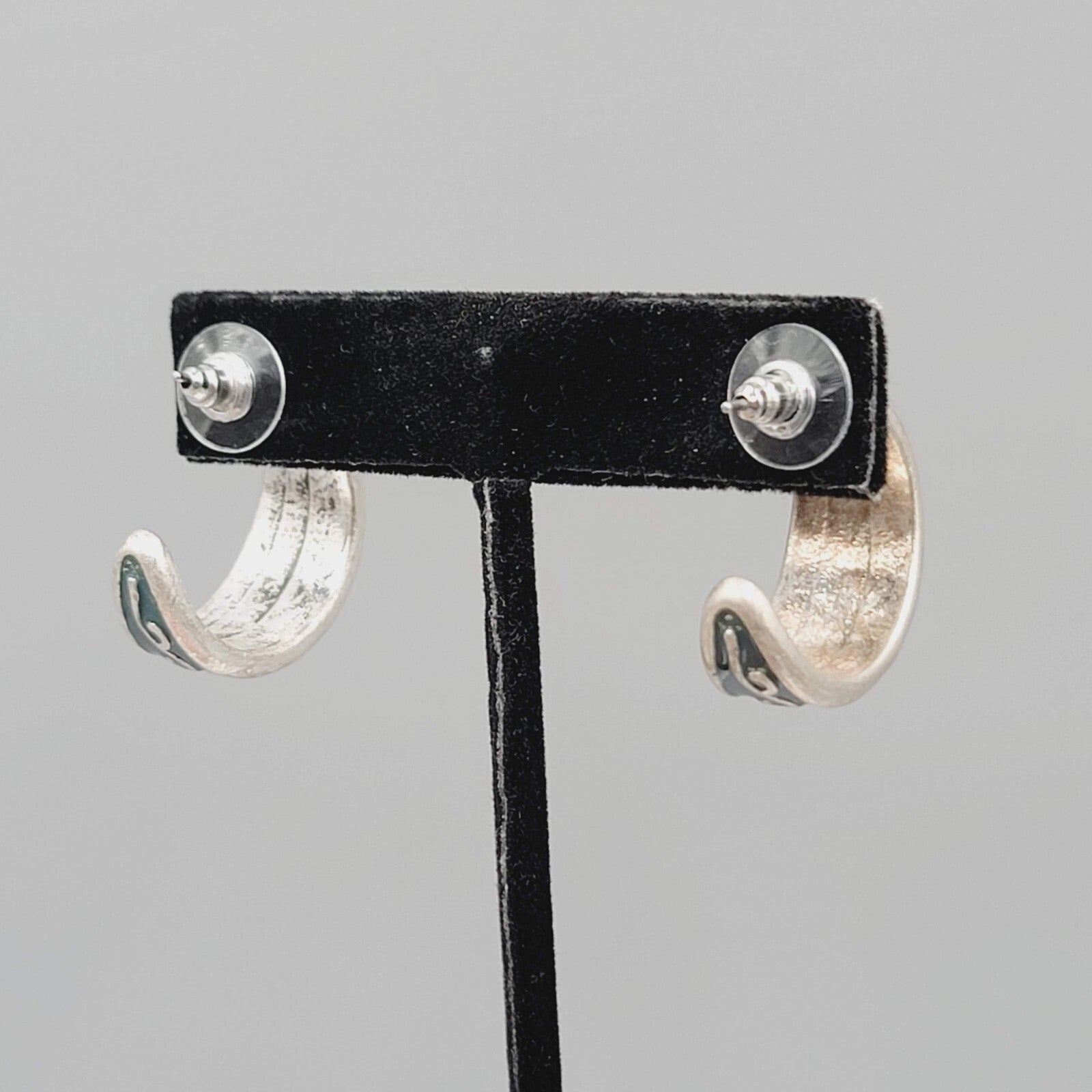 Vintage Silver tone Blue Enamel Hoops Pierced Earrings 7/8"