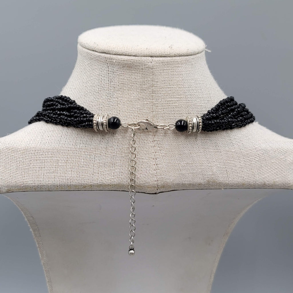 Multi Strand Black Seed Bead Necklace Oval Pendant Silver tone 18"