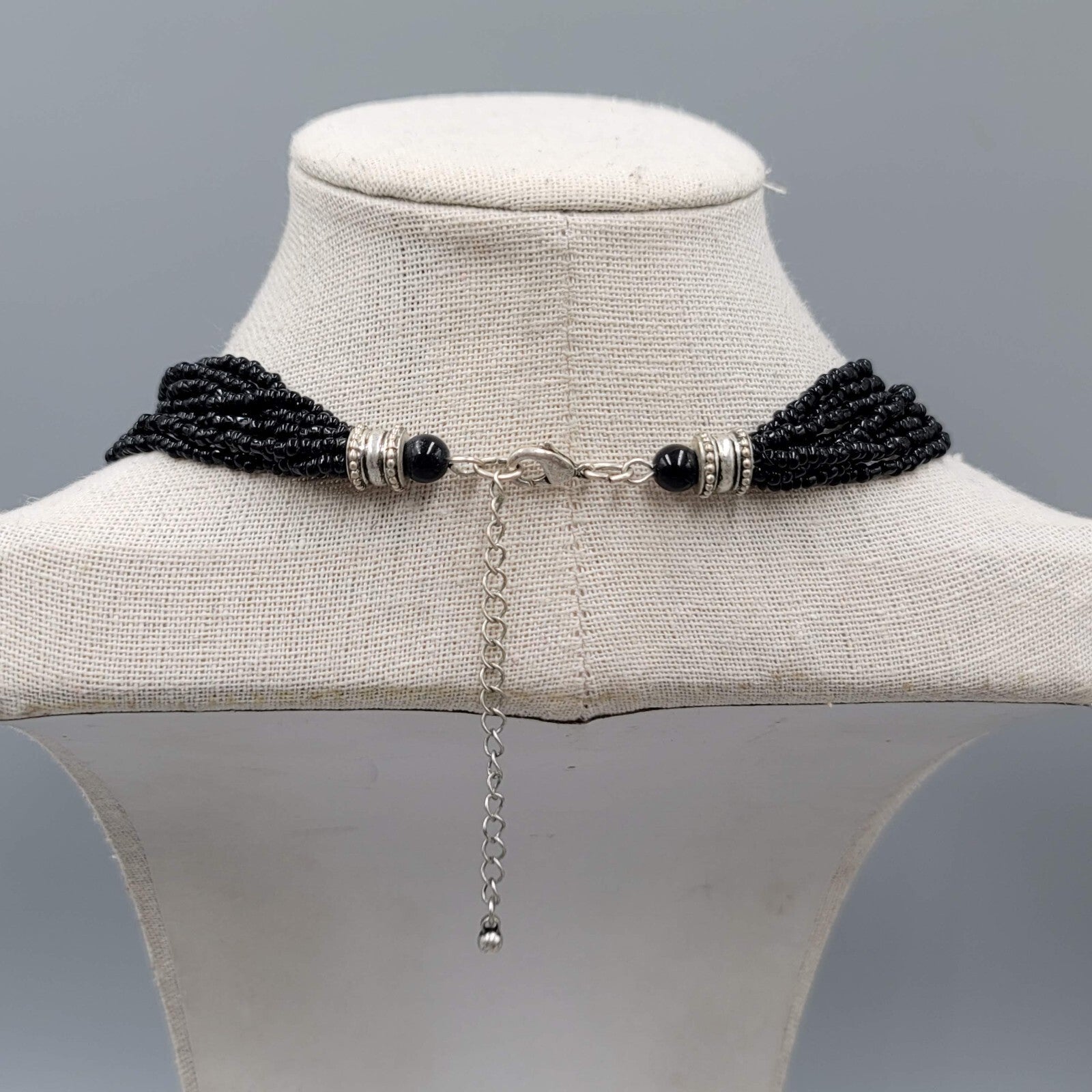 Multi Strand Black Seed Bead Necklace Oval Pendant Silver tone 18"