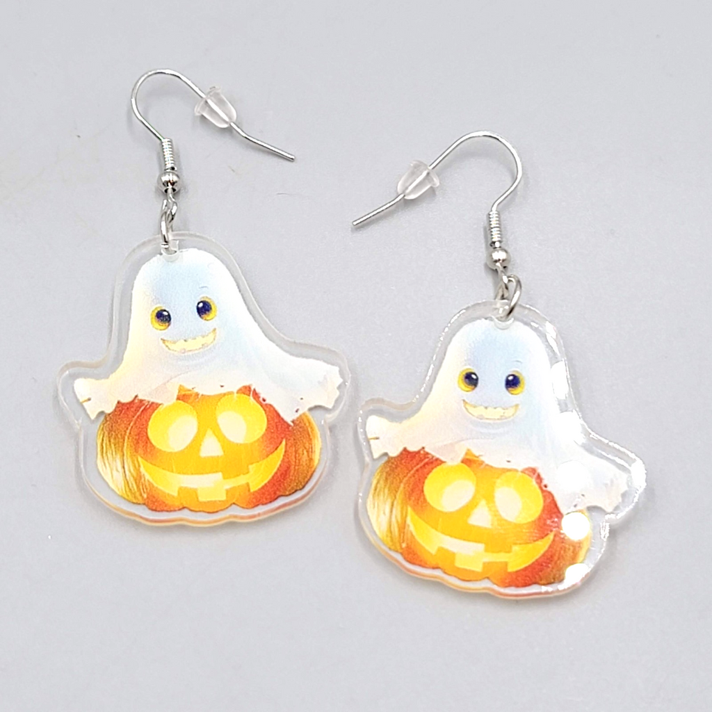 Halloween Ghost Pumpkin Pierced Earrings Silver tone Dangle 1.5 in