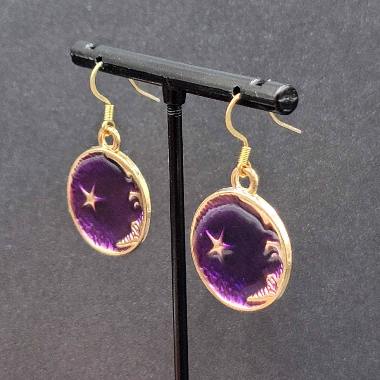 New Round Moon Pierced Earrings Gold tone Purple Enamel Dangle 1"