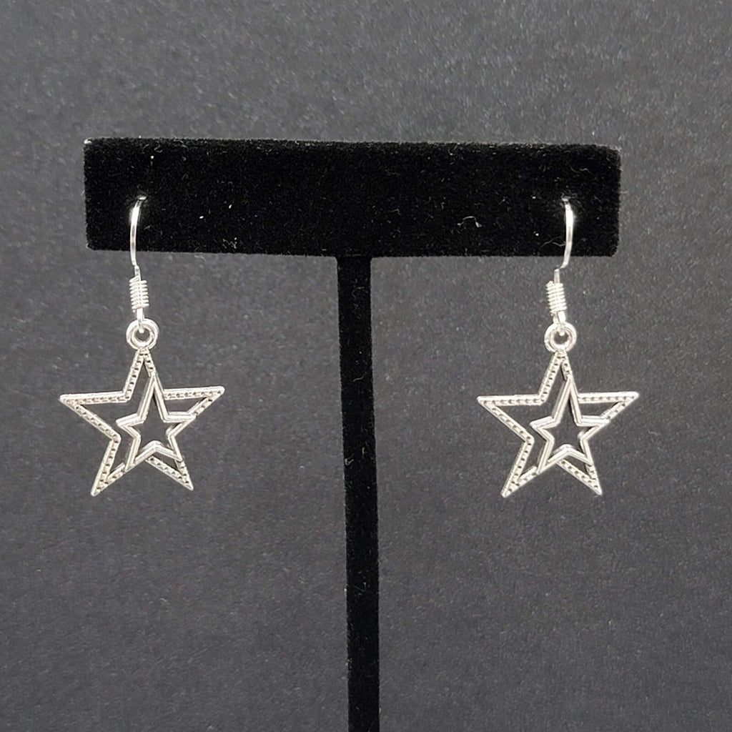 Pierced Earrings Silver tone Dangle Double Open Star 7/8"