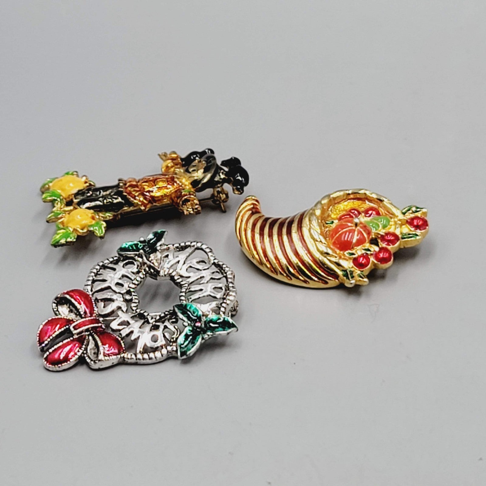 Vintage Holiday Brooch Gold tone Cornucopia Merry Christmas Scarecrow Lot of 3