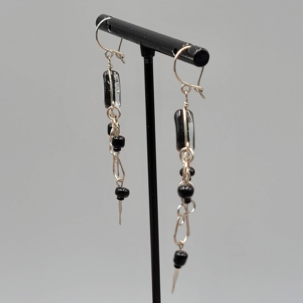 Vintage Black Glass Wire Wrap Pierced Earrings Silver tone Dangle 2"