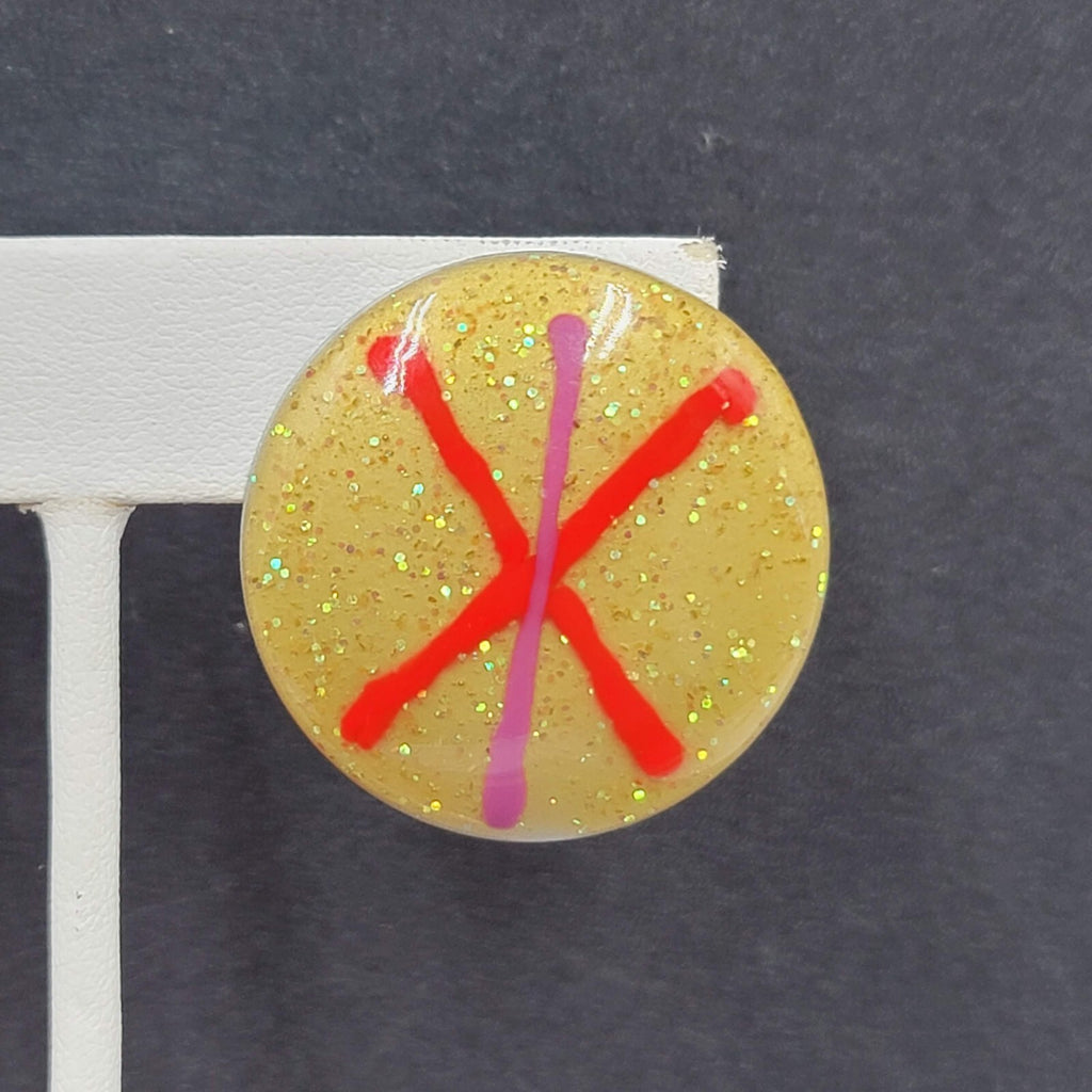 Vintage 1980s Pierced Earrings Glitter Enamel Red Purple Gold Disc Drop 1 1/8"