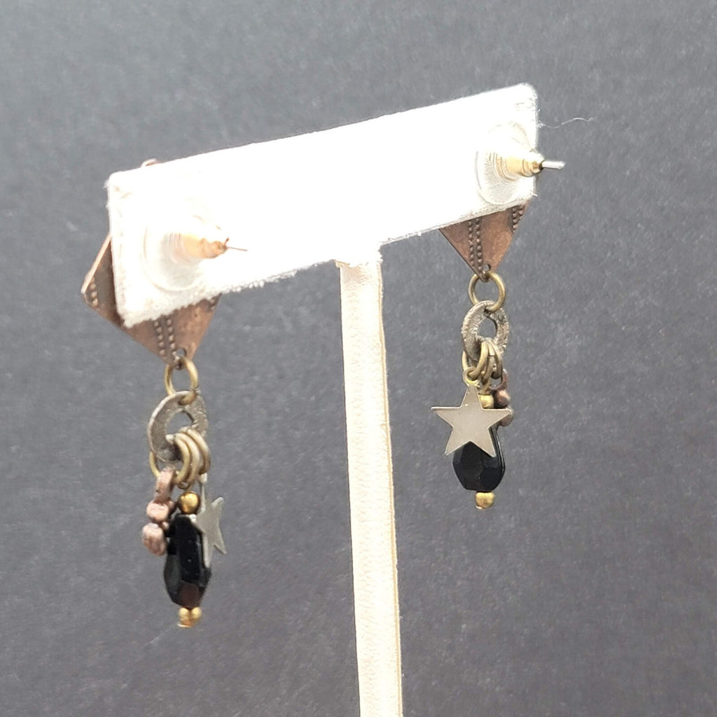 Pierced Earrings Copper and Silver tone Star Black Beads Layered Dangle 2"