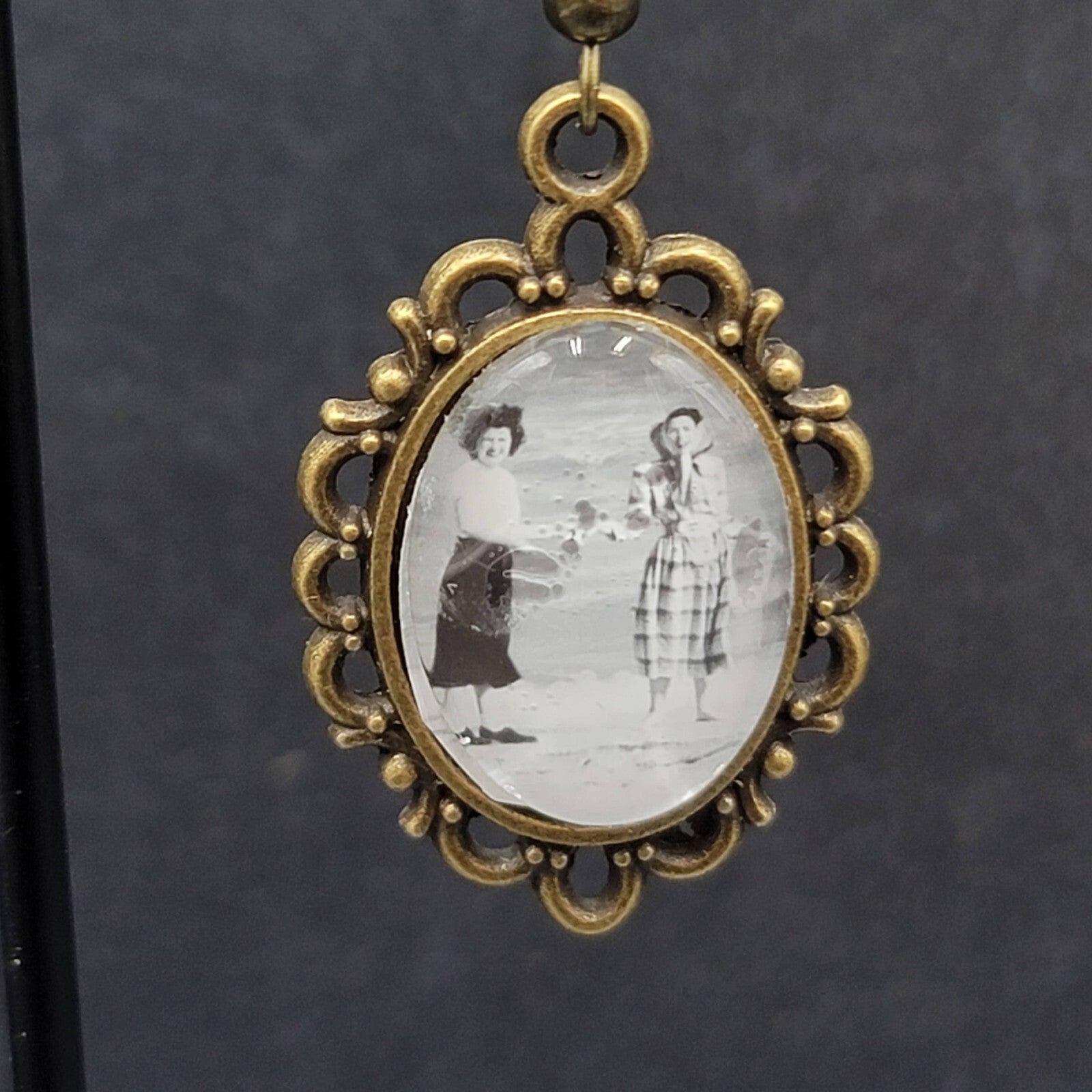 Pierced Earrings Bronze tone Real Photo Glass Cabochon Dangle 1.25"