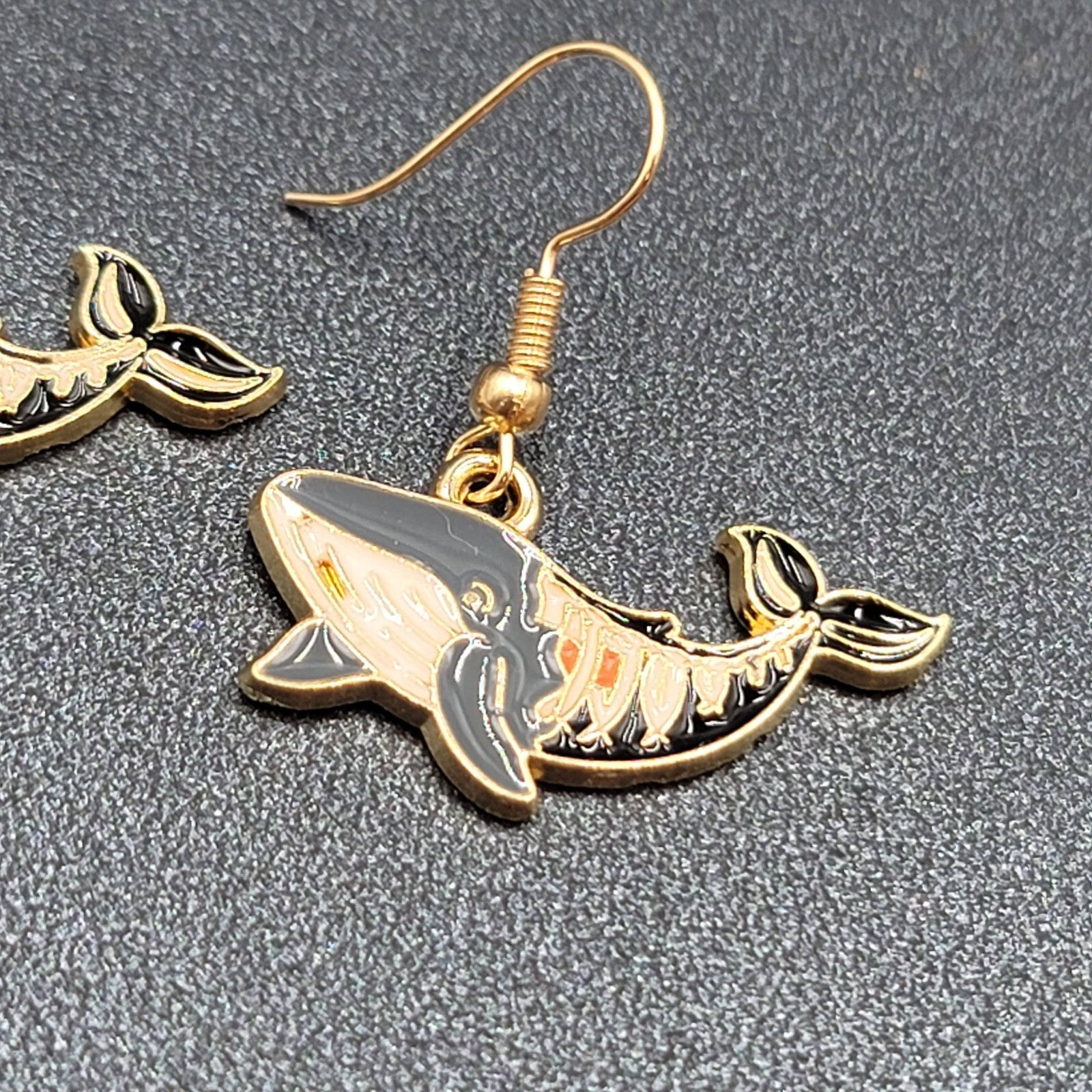 Zombie Whale Pierced Earrings Halloween Half Skeleton Enamel Dangle 5/8"