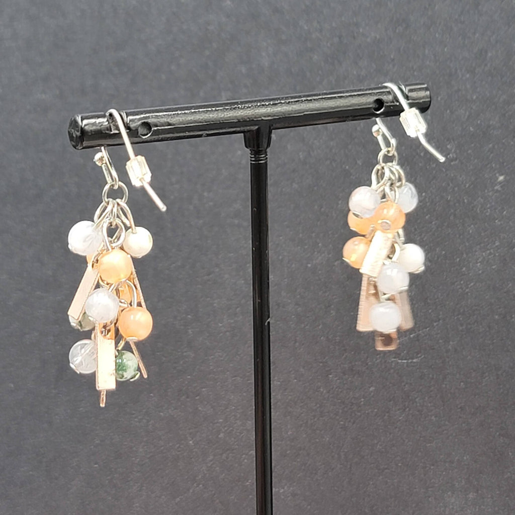 Pierced Earrings Silver tone Peach Gray Green Dangle Beads 1.25"