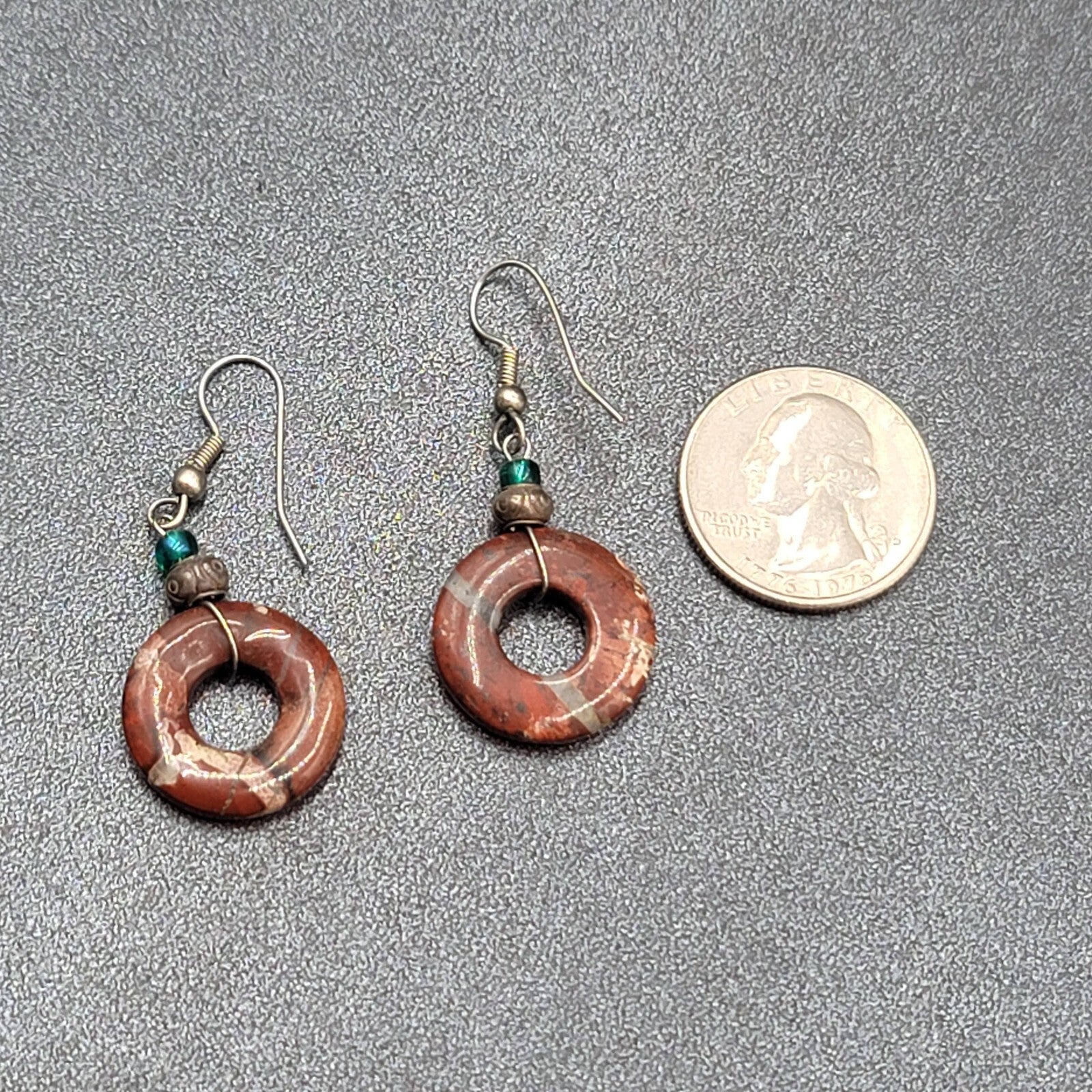 Pierced Earrings Red Agate Circle Bead Dangle Silver tone 1 1/8"