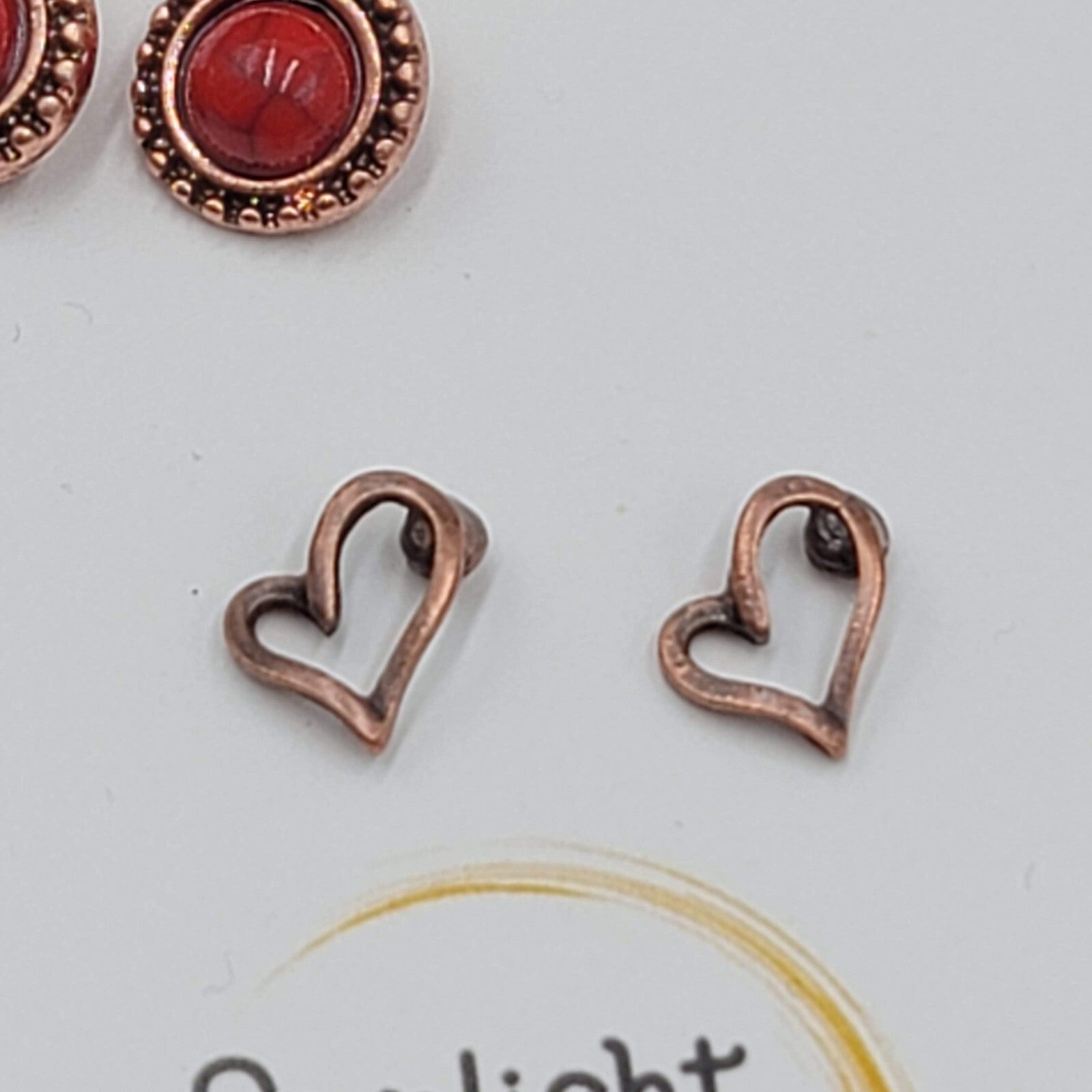 Pierced Earrings Copper tone Studs Open Heart Leaf Red Accent