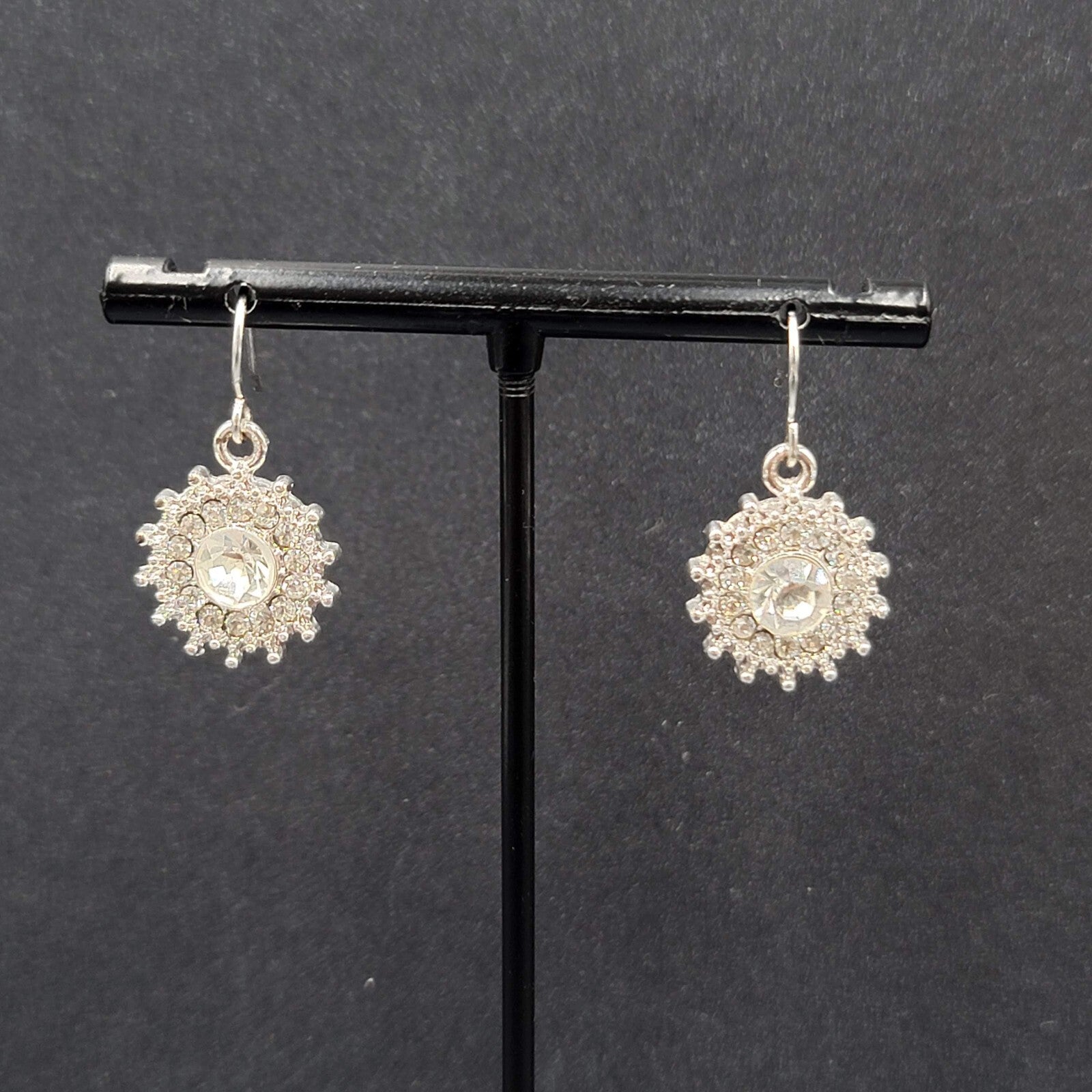 Pierced Earrings Silver Plated Crystal Rhinestone Dangle 3/4"