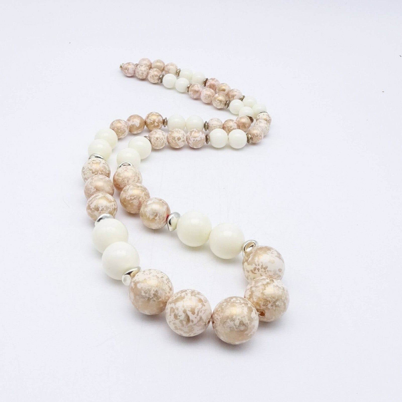 Vintage Mid Century White and Gold Graduated Bead Necklace 30 in