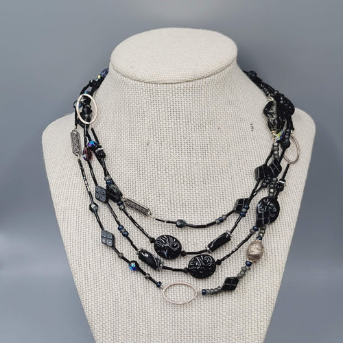 Black Glass Bead Necklace Silver tone LONG Hook Clasp 48"