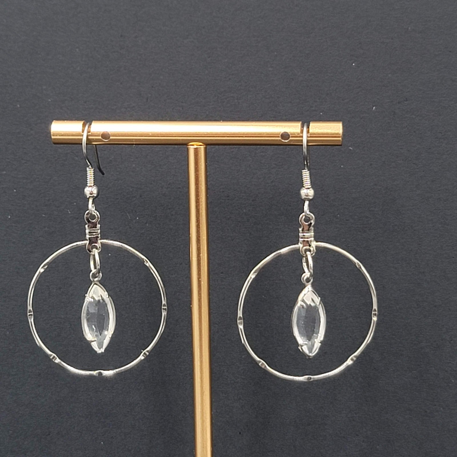 Silver tone Dangle Hoop Pierced Earrings Rhinestone Accent 1.5"