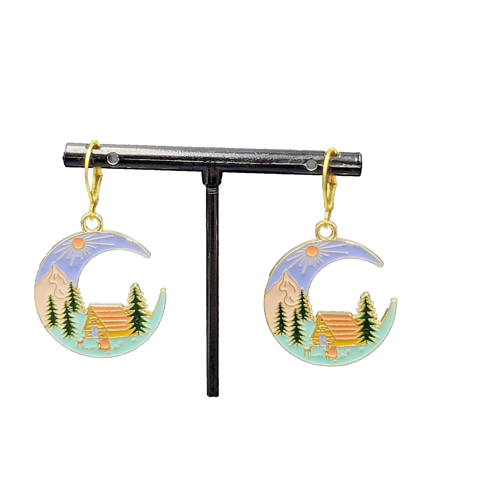 New Camping Scene Pierced Earrings Gold tone Enamel Dangle Moon Tent 1.25" FS