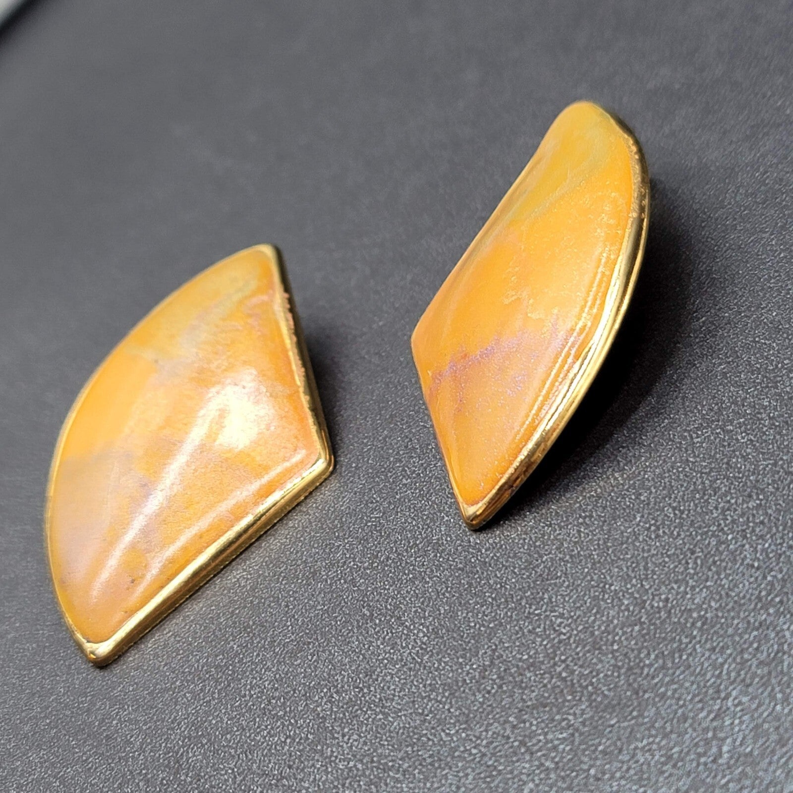 Vintage Pierced Earrings Yellow Enamel Gold tone Large Statement 1980s 2"
