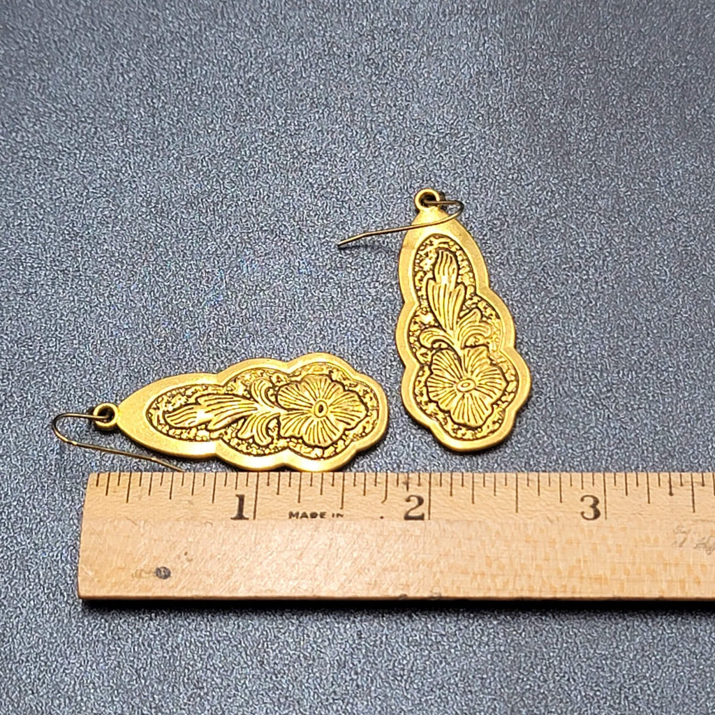 Pierced Earrings Gold Plated Black Embossed Flowers Dangle 1.75"