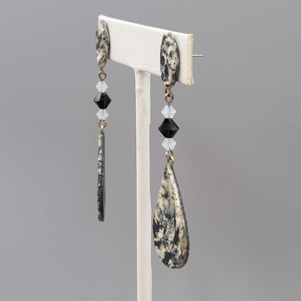 Long Pierced Earrings Gray Black Beaded Teardrop Dangle Signed 2 5/8"