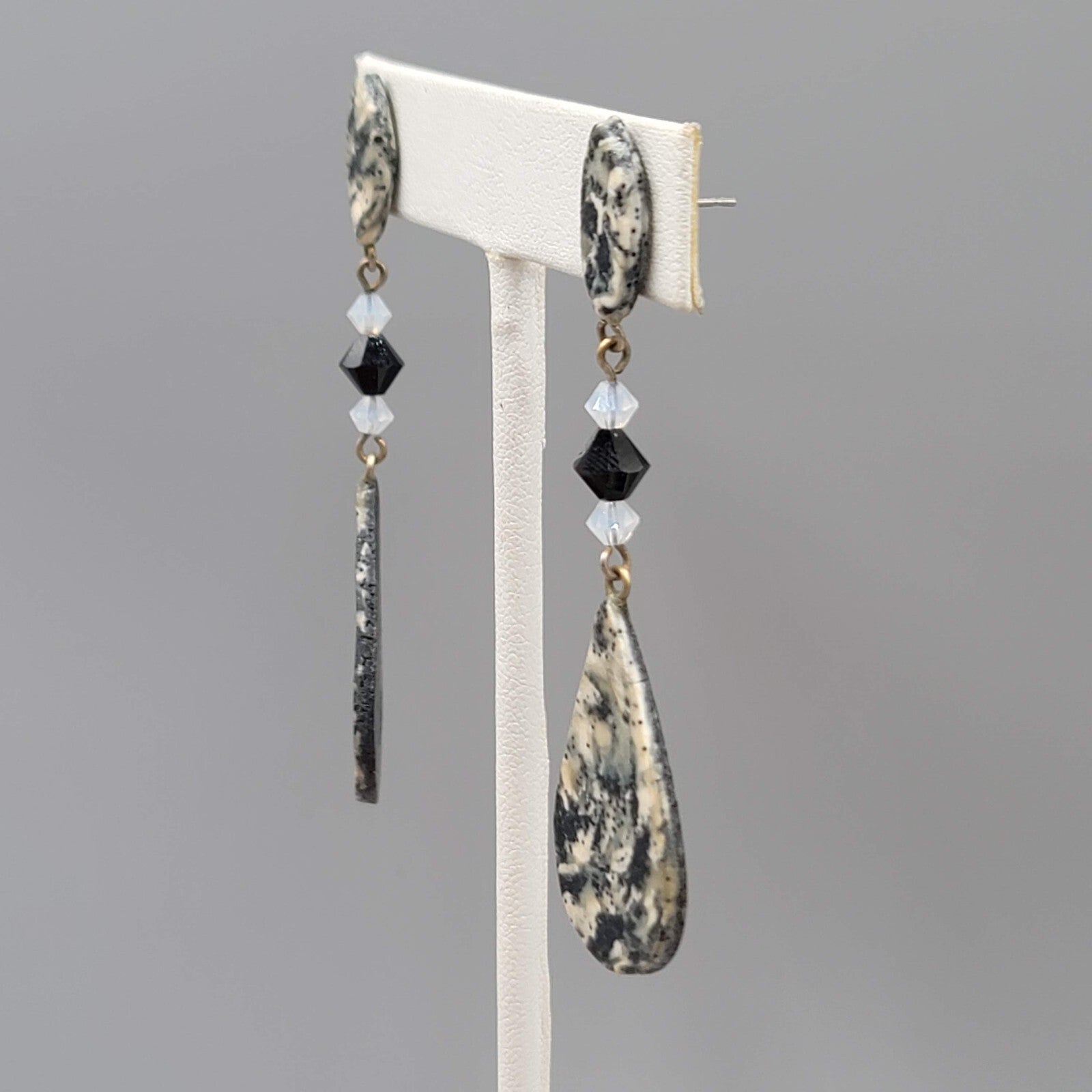Long Pierced Earrings Gray Black Beaded Teardrop Dangle Signed 2 5/8"