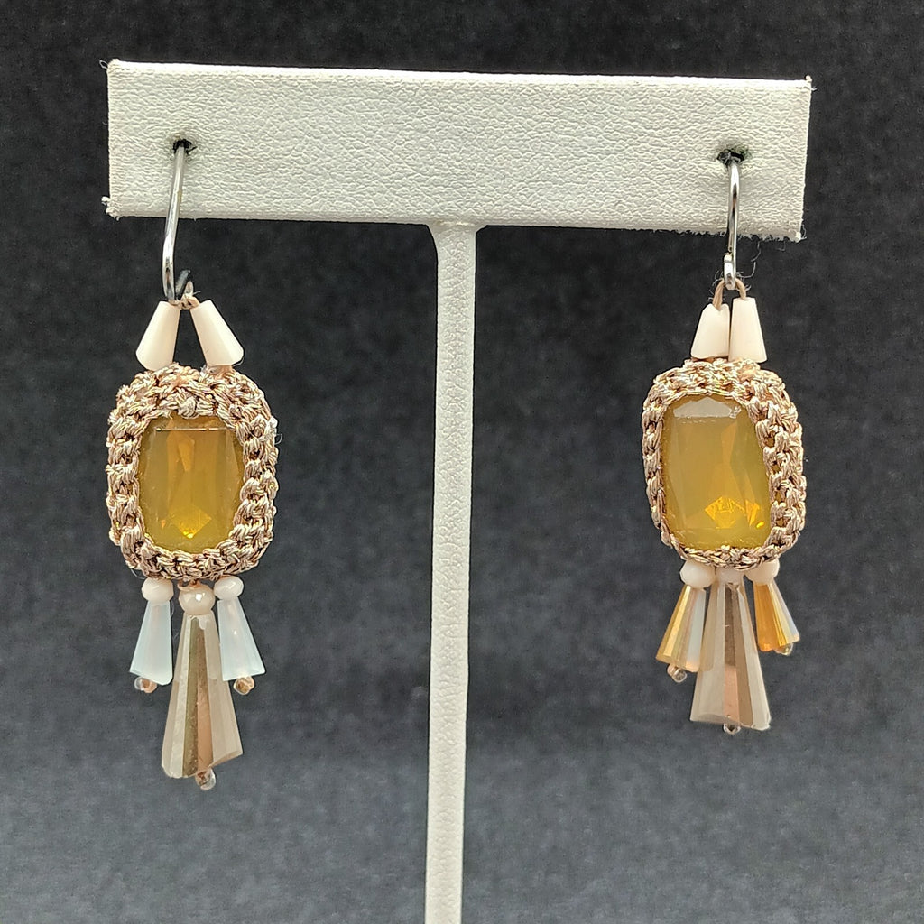 Pierced Earrings Gold tone Mesh Wrapped Yellow Faceted Acrylic Dangle 1 3/4"