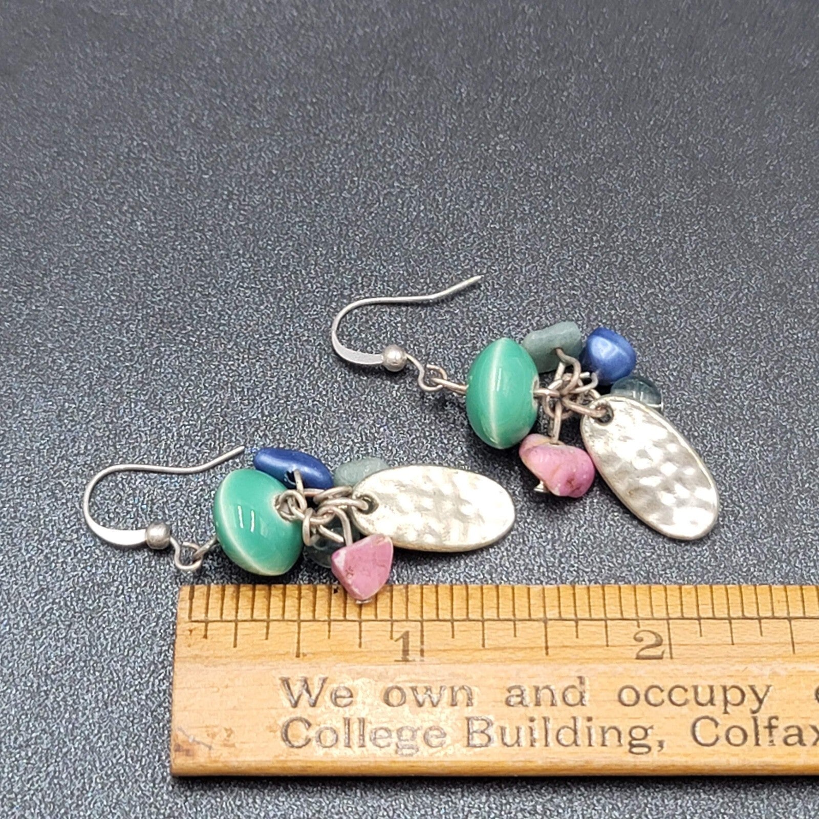 Pierced Earrings Silver tone Dangle Mixed Multicolor Cluster Beads 1.5"