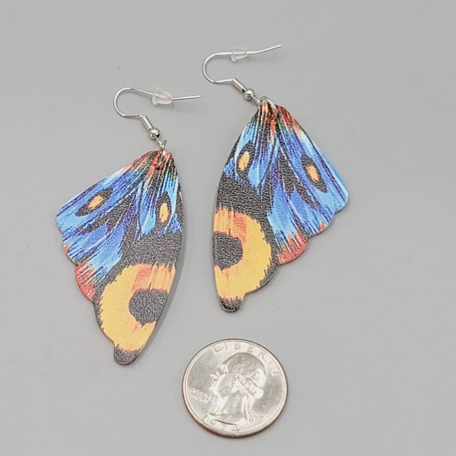 Butterfly Wing Pierced Earrings Blue Orange Statement Dangle 2.25"