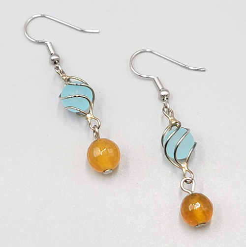 Blue Yellow Glass Bead Pierced Earrings Silver tone Dangle  1.25 in
