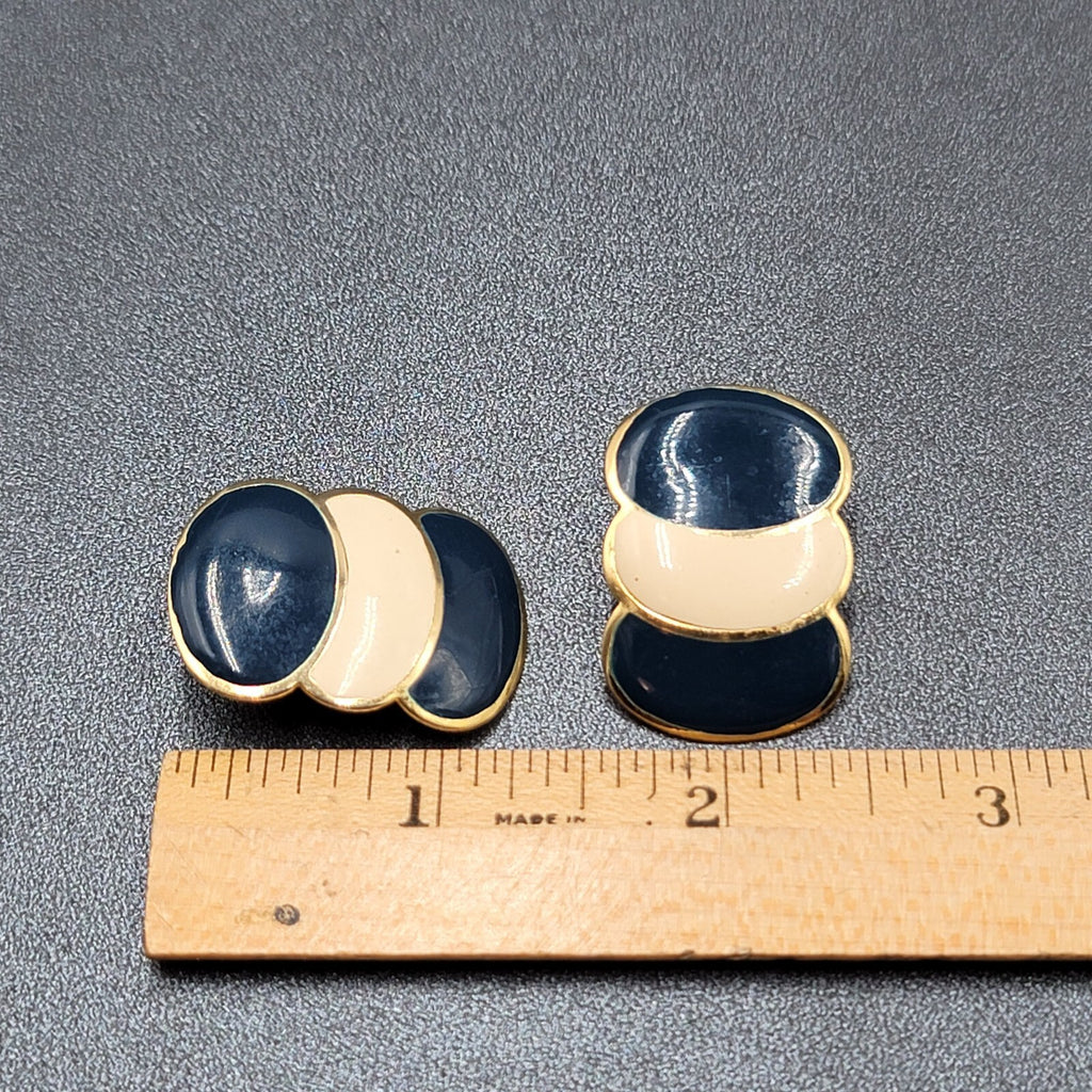 Vintage Pierced Earrings Navy Cream Enamel Drop 80's 1 3/8"
