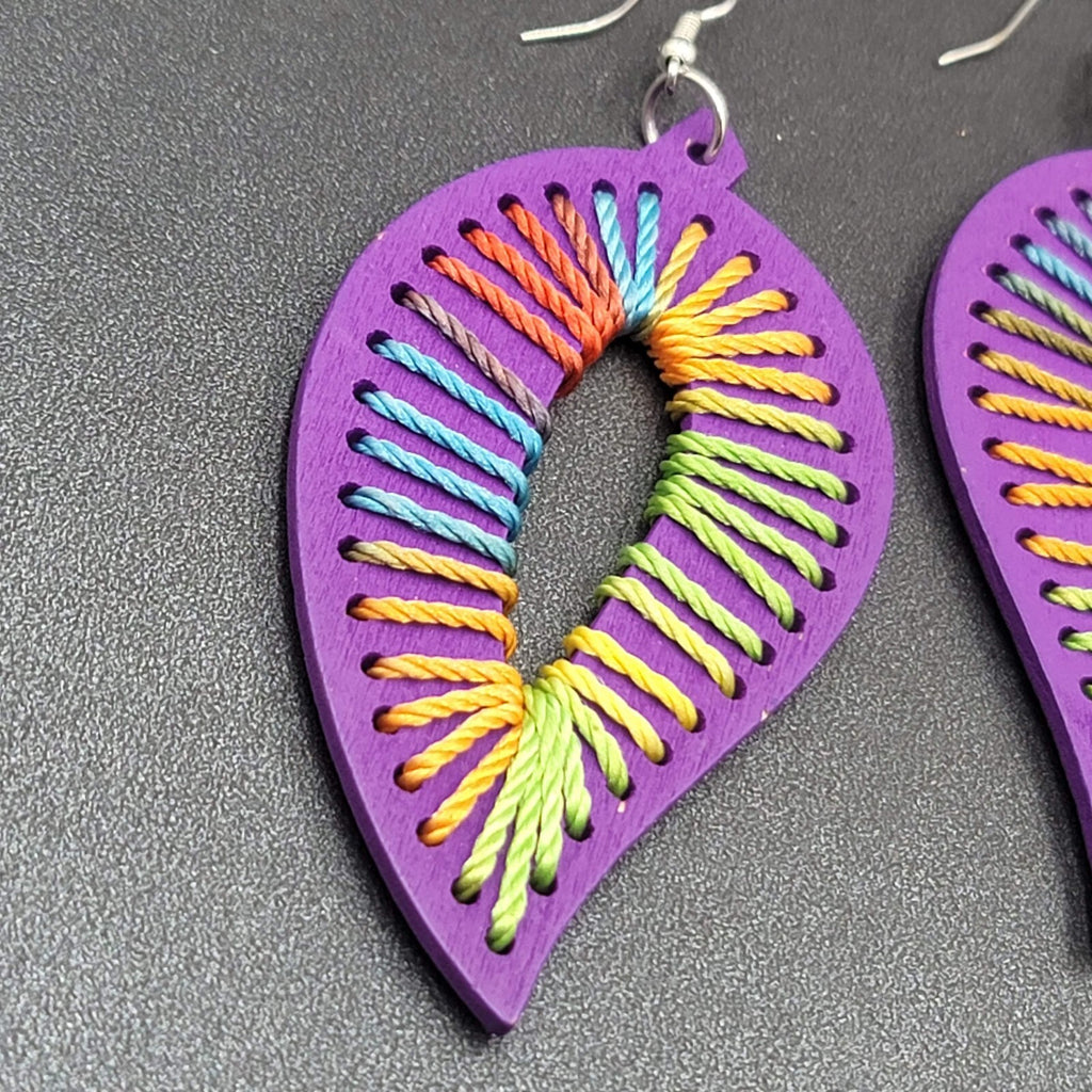 Pierced Earrings Large Purple Wood Leaf Multicolor String Art 3.25" Long