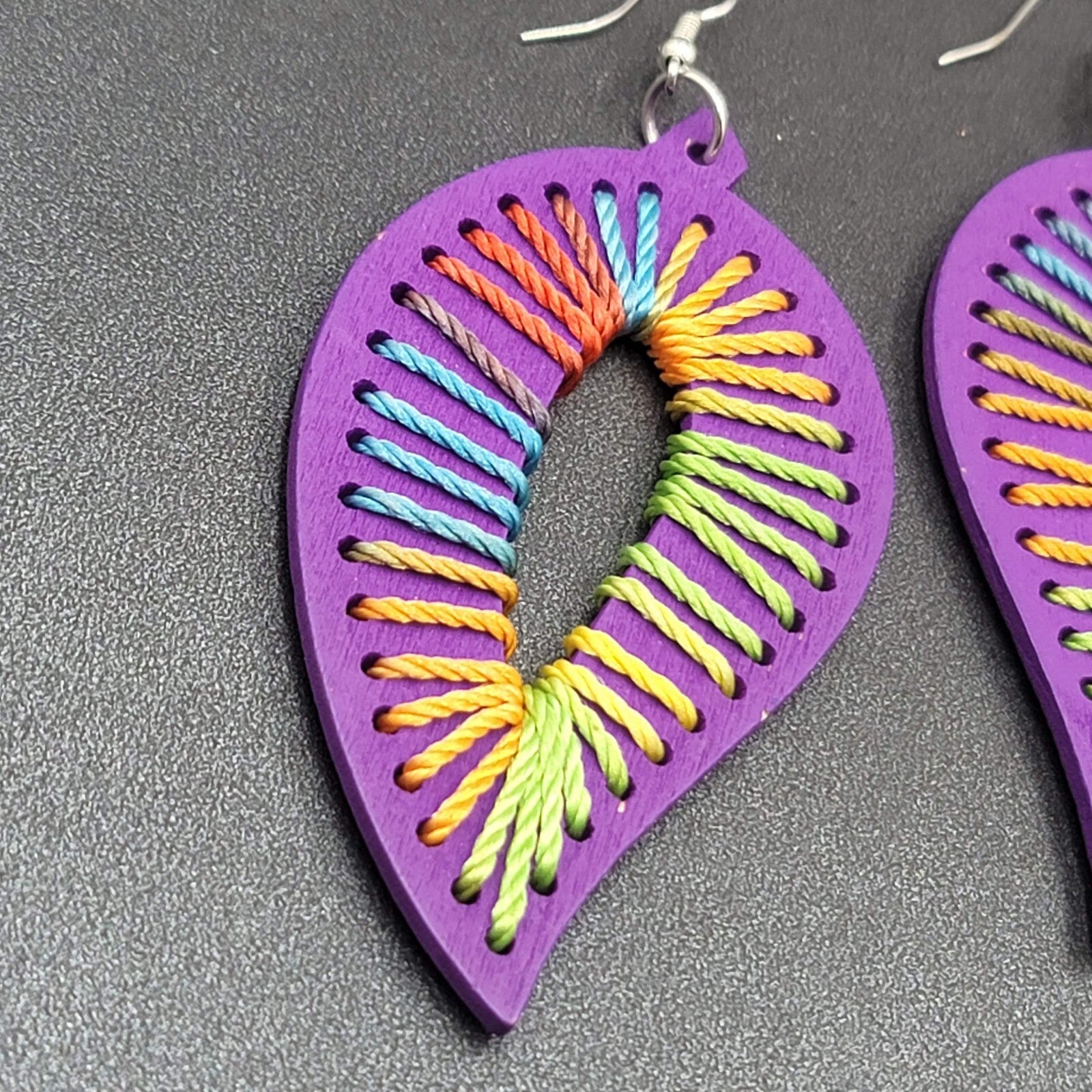 Pierced Earrings Large Purple Wood Leaf Multicolor String Art 3.25" Long