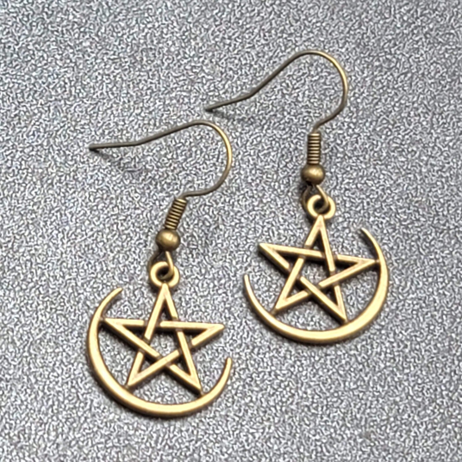 Pentagram Pierced Earrings Half Moon Star Bronze tone Dangle 3/4"