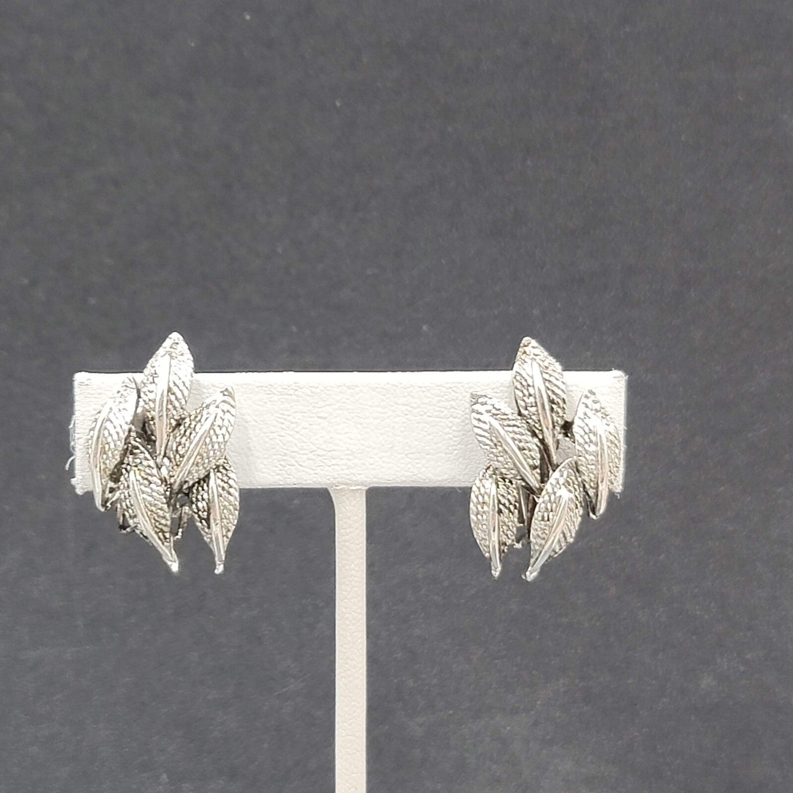 Vintage Clip on Earrings Silver tone 1 1/8" Textured Drop Leaves