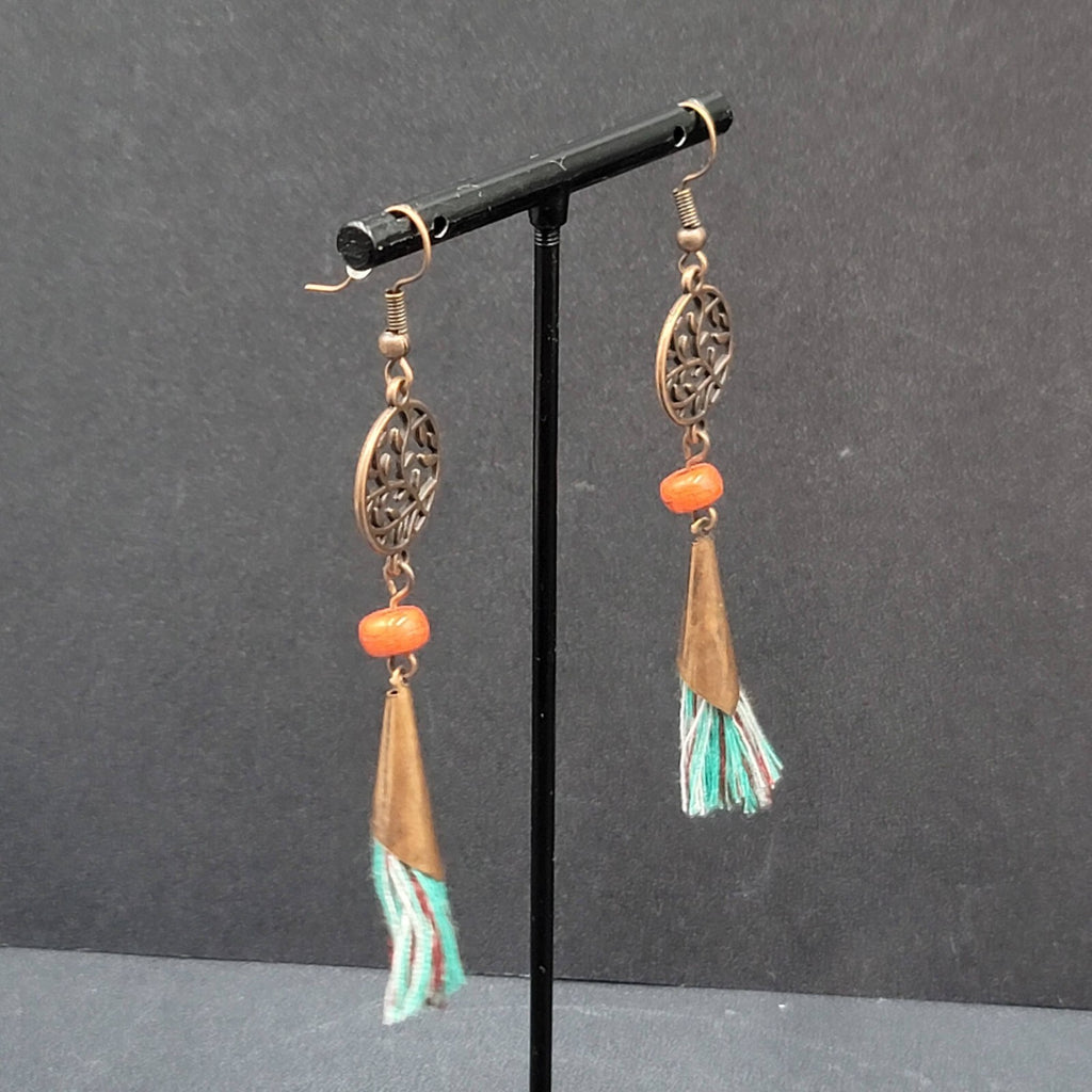 New Boho Pierced Earrings Copper tone Blue Tassel Red Bead Dangle 2.75"