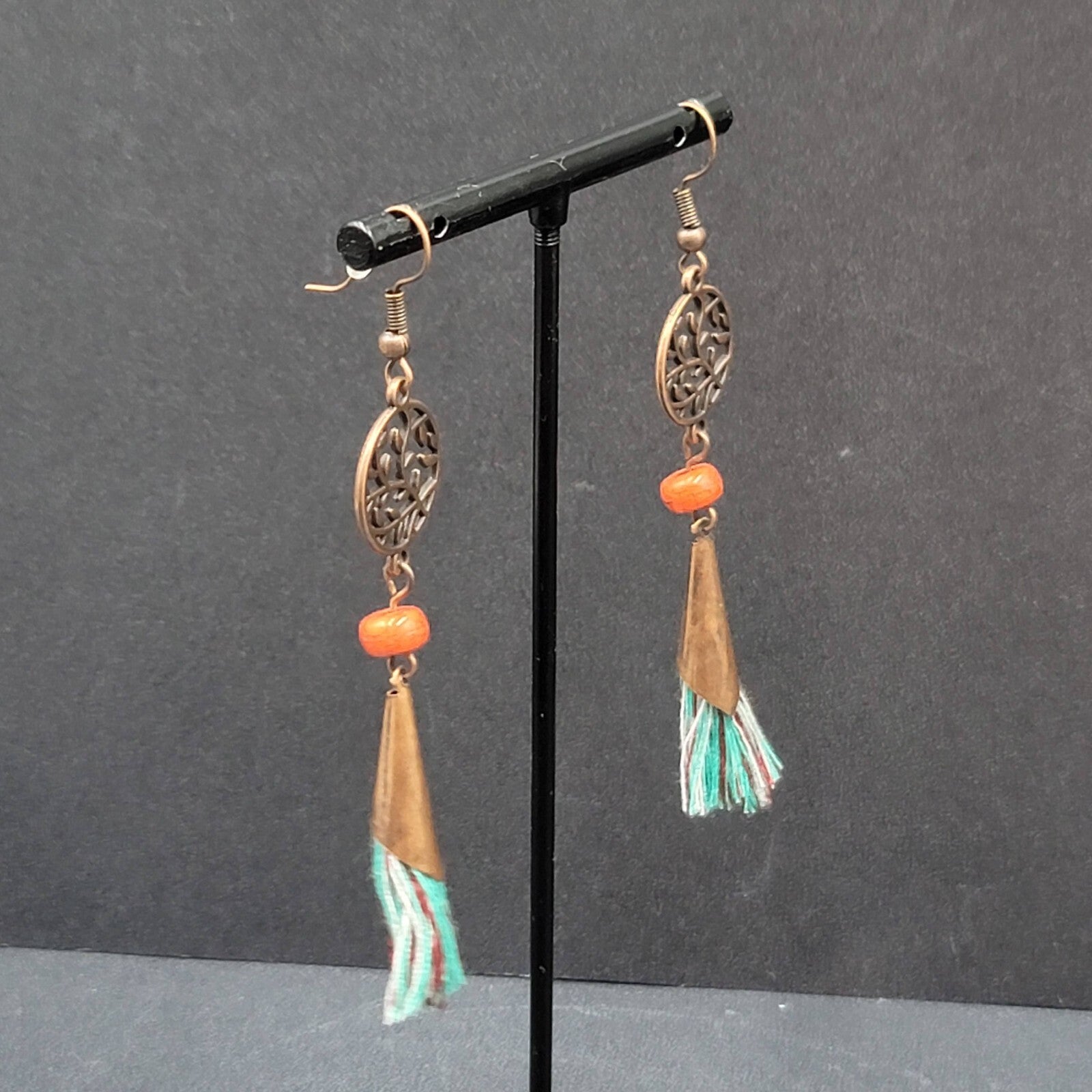 New Boho Pierced Earrings Copper tone Blue Tassel Red Bead Dangle 2.75"