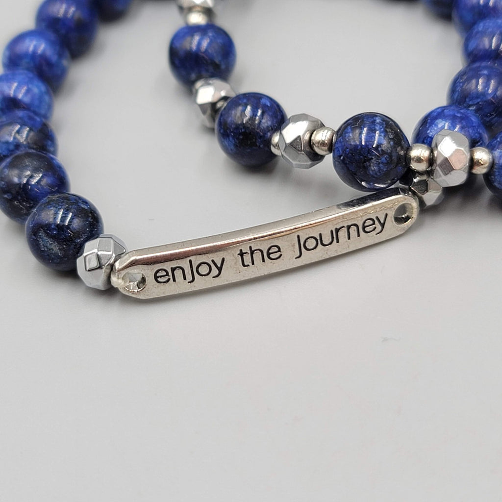 ENJOY The Journey Quote Bracelet Blue Beads Silver tone Lot of 2 Elastic