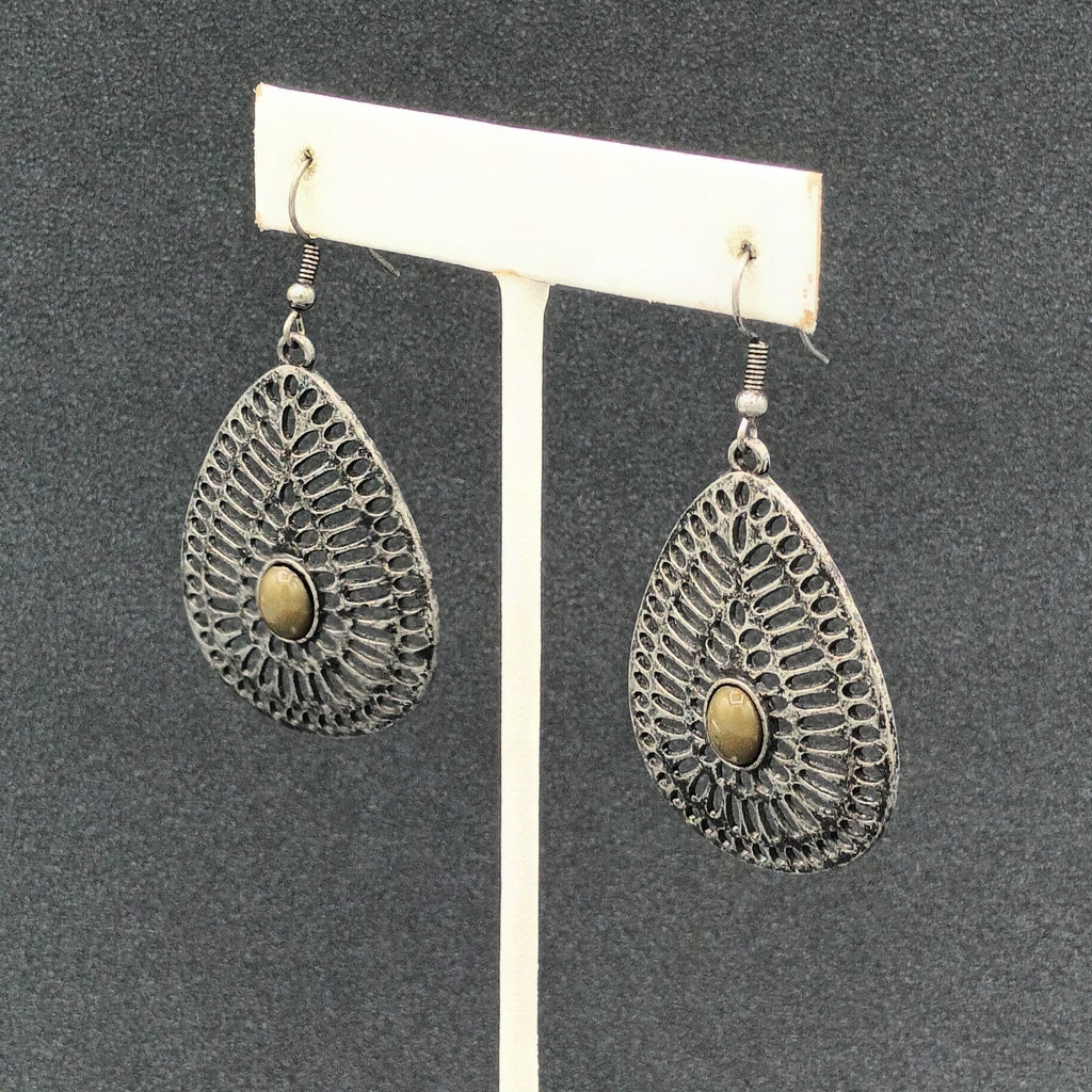 Pierced Earrings Antiqued Silver tone Teardrop Dangle 1 5/8"
