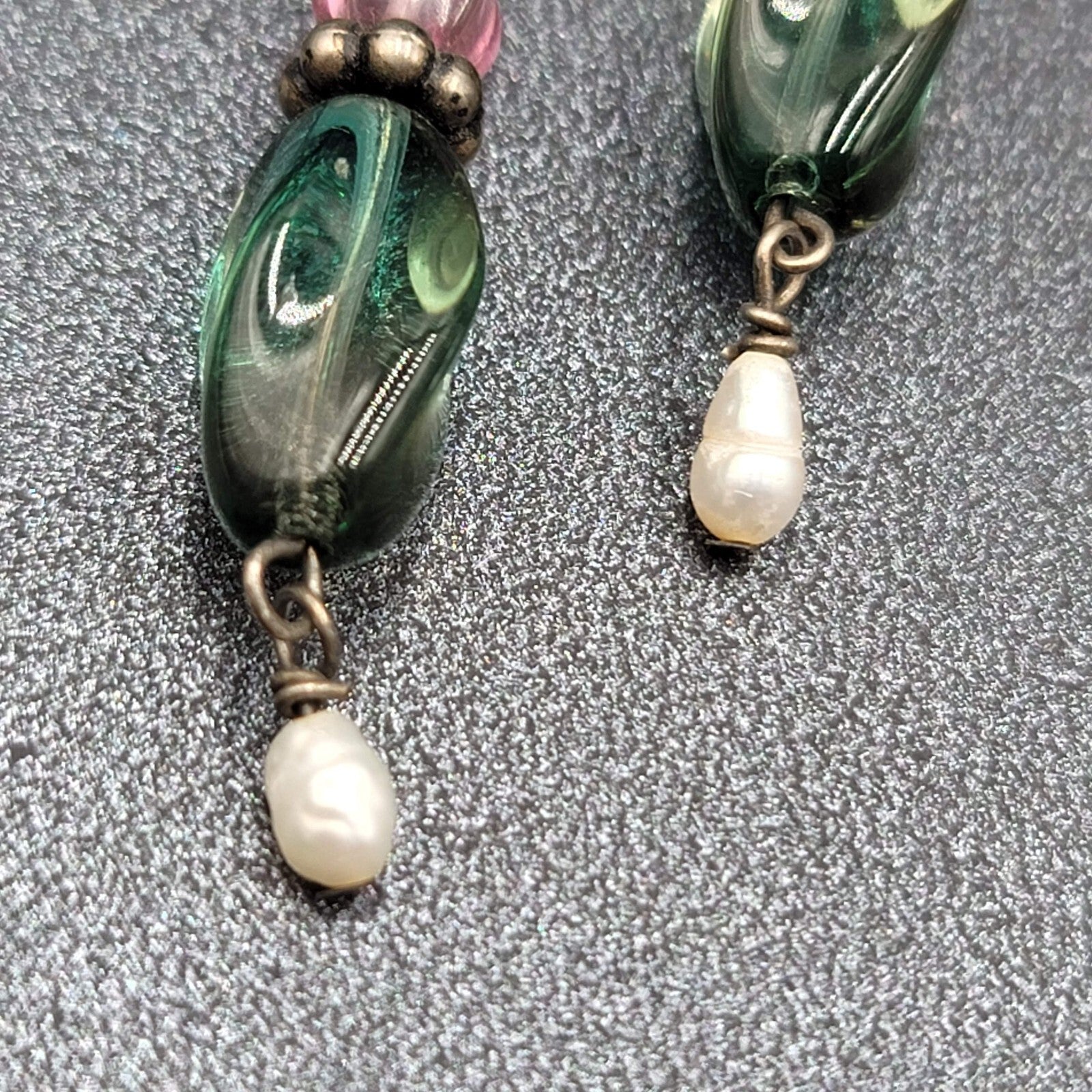 Art Glass Pearl Pierced Earrings Sterling Silver Beaded Dangle 1.25"