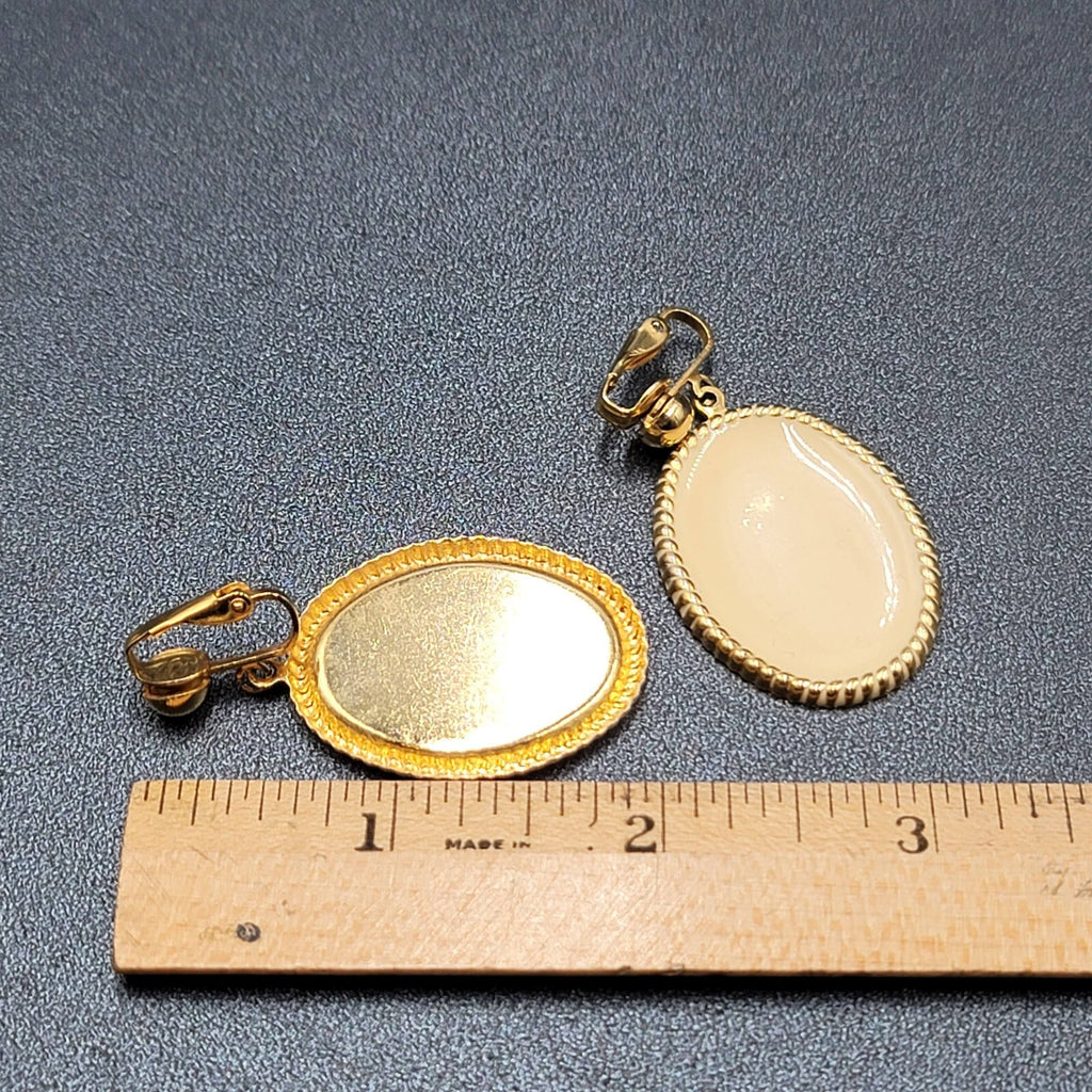 Vintage Clip on Earrings Gold tone Cream White Enamel Oval Dangle 1.5"