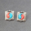 Vintage Pierced Earrings Silver tone Red Blue Acrylic Ying Yang Studs NOS 5/8"