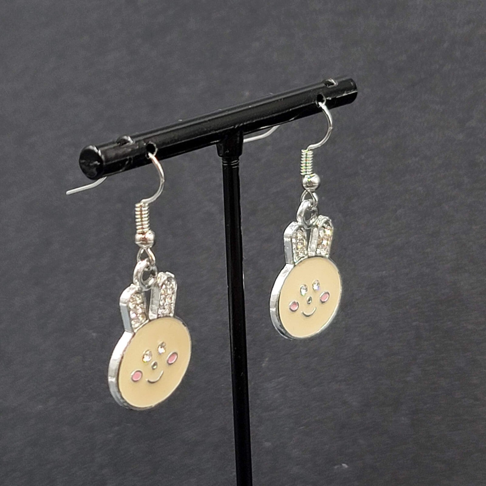 Bunny Pierced Earrings Dangle Silver tone Enamel Rhinestone 1"