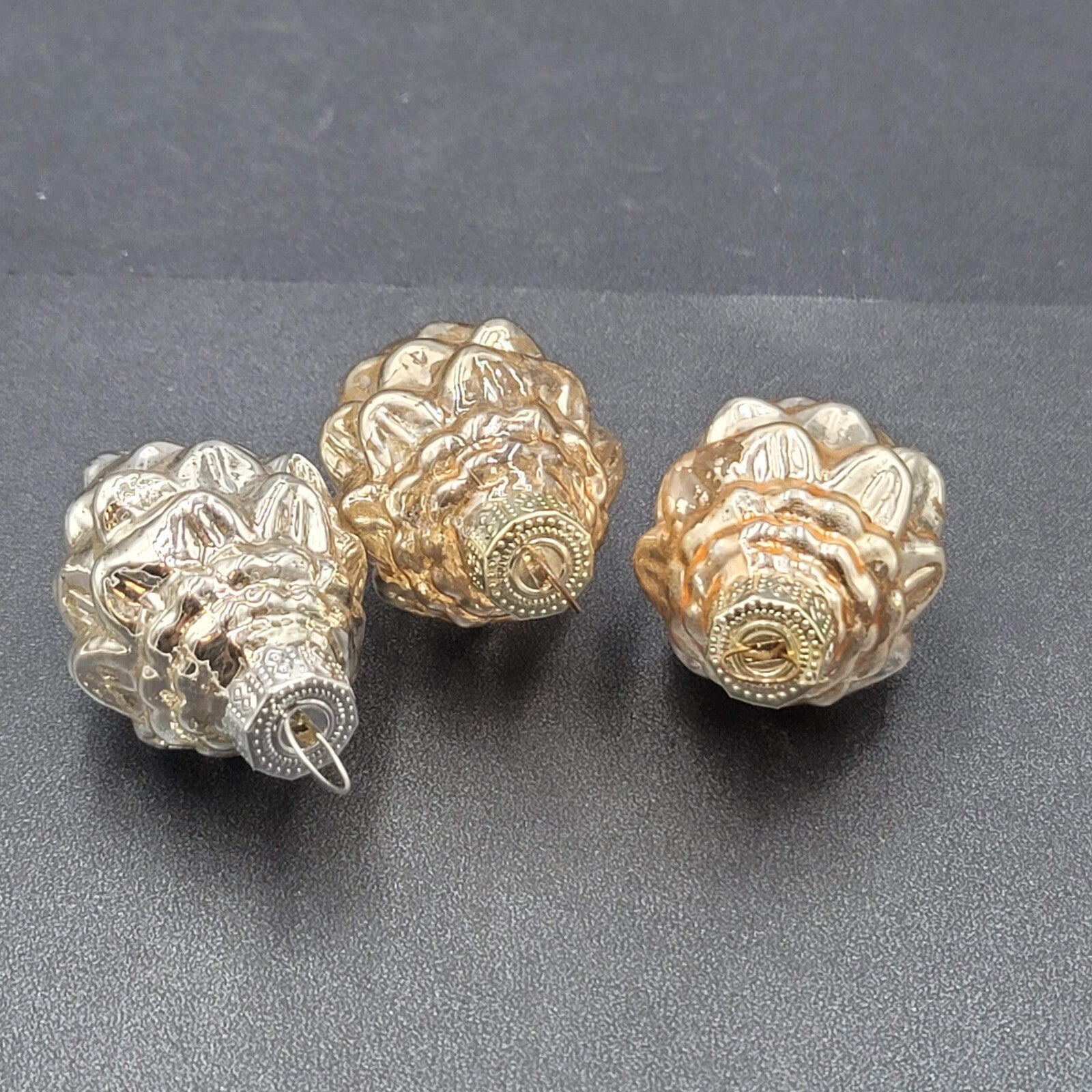 Lot of 3 Blown Glass Christmas Ornaments Silver Small  Pinecones 2"