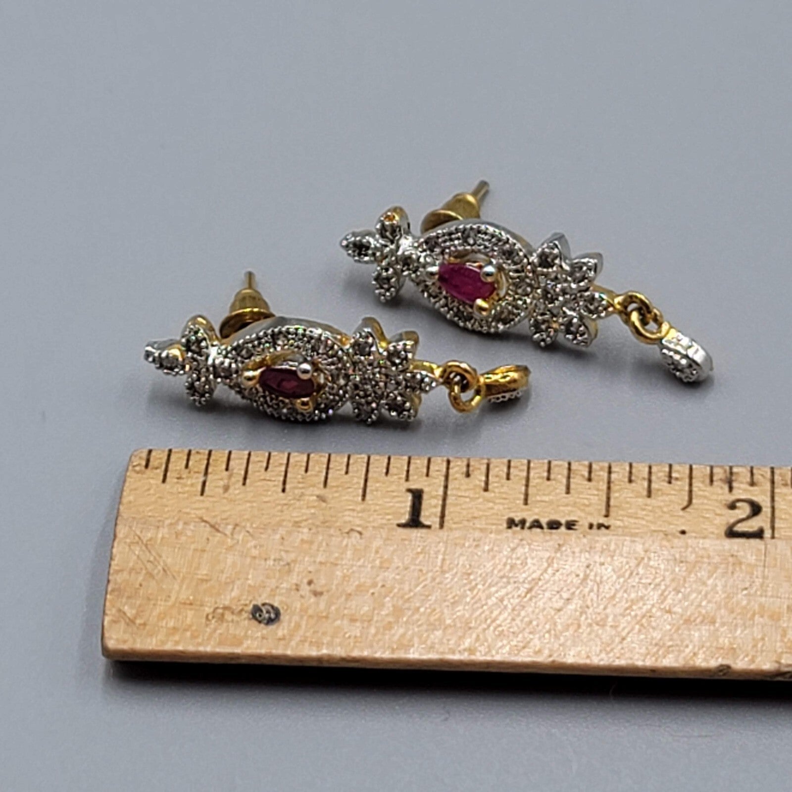 Bollywood Style Pierced Earrings Gold Plated Red Center Stone Dangle 1.25"